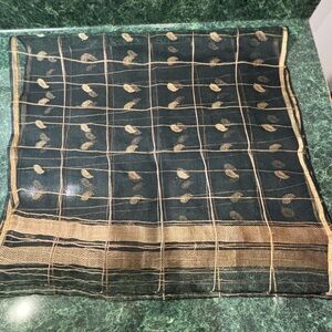 Pre-loved elegant vintage black and gold silk shawl, 20” wide, 71” long